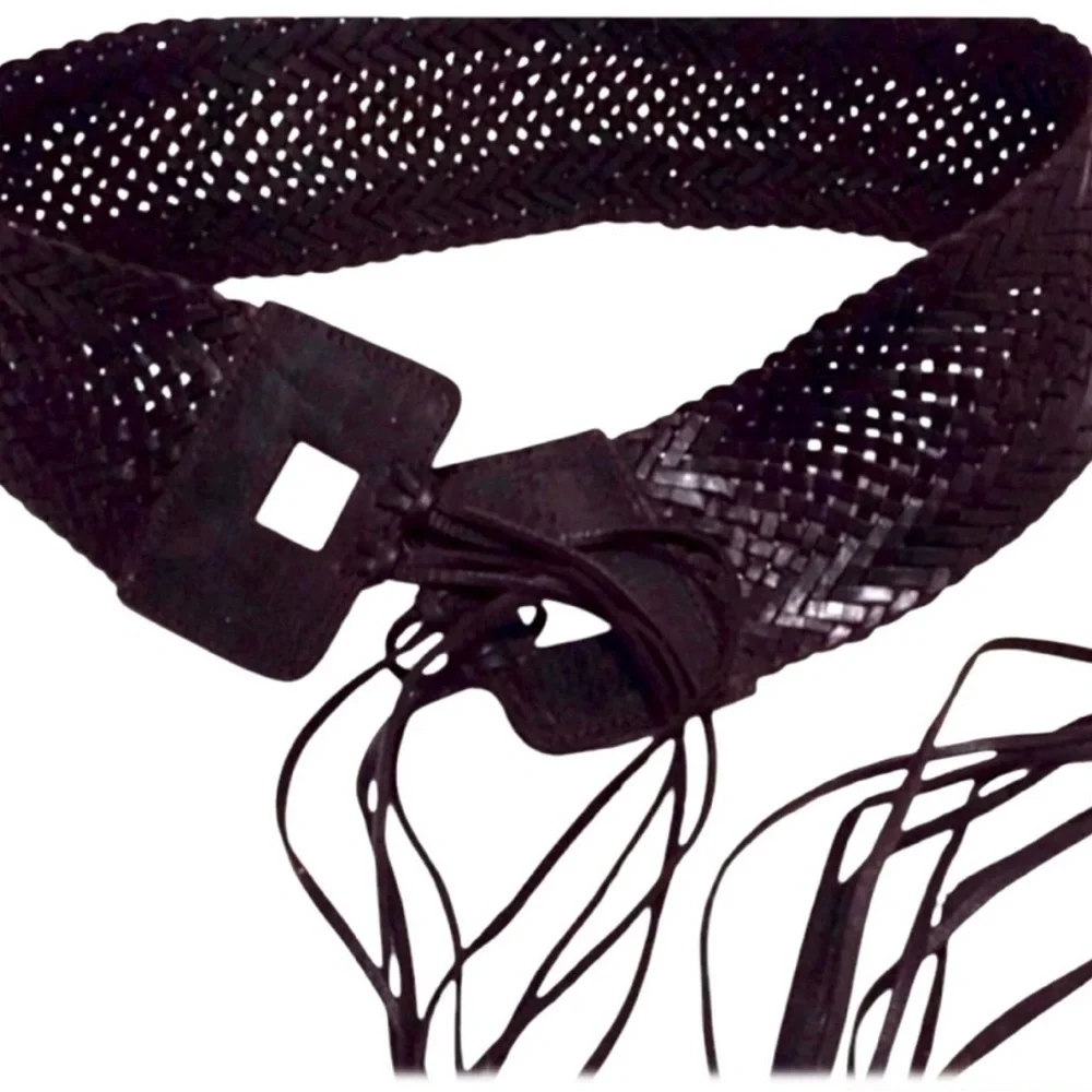 Y2K Wide Leather Woven Hip Belt W/ Fringe,‎ Black, Handmade in NYC, NEW